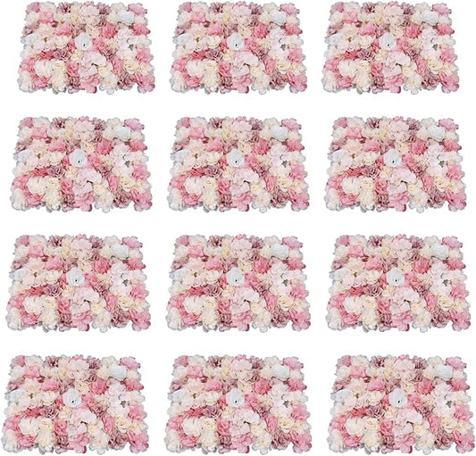 12 PCS Artificial Flowers Wall Decoration 24" x 16" Decorative Rose Hydrangea Flower Panels Flower Wall for Home Party Wedding Christmas Festival Photo Backgdrop Decor (12 Pcs, Pink+Yellow)