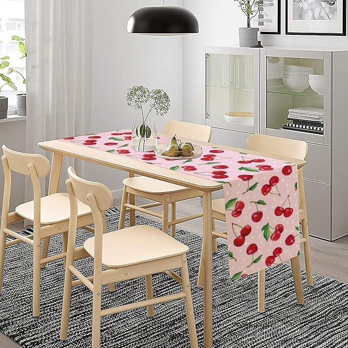 Red Cherry Table Runner,Spring Summer Fruit Tropical Birthday Party Decorations Dining Room Home Kitchen Table Decor 13 x 90Inch