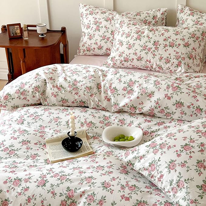 HIGHBUY Boho Floral Duvet Cover, Soft Cotton Aesthetic Pink Comforter Cover, Lightweight Soft Garden Style Bedding Set Zipper Closure Breathable (104 Inch x 90 Inch) HB03633-K