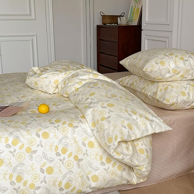 AOJIM Kids Adults Aesthetic Duvet Cover Set for Room Decor, Pure Cotton Comforter Cover Set 3pcs with Yellow Lemon Pattern, 1 Soft Quilt Cover Queen Size and 2 Matching Pillowcases, No Comforter