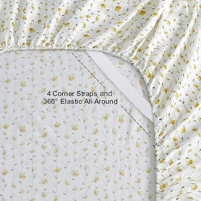 Softan Yellow Floral Sheets for Queen Size Bed Printed Bed Sheets - 4 Piece Soft Microfiber Patterned Fitted Sheets Queen with 15" Deep Pocket and Corner Straps,Cute Flower Sheets & Pillowcase Set