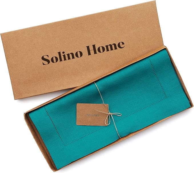 Solino Home Linen Table Runner 120 Inches Long - 100% Pure Linen Teal Table Runner 14 x 120 Inch - Classic Hemstitch