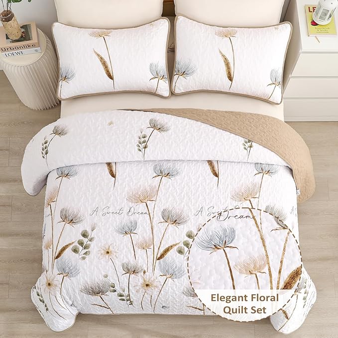 Dinjoy King Size Quilt Set Floral,3 Pieces Khaki/Beige Farmhouse Quilts Lightweight Fall Bedspreads Flower Pattern Coverlet Bed Set White Boho King Quilt Bedding Sets for All Season(110"x90")