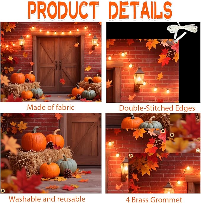 10x6.5FT Extra Large Fall Autumn Backdrop - Fall Photography Background with Pumpkins, Maple Leaves & Barn Wood (19.68FT Ribbon) - Thanksgiving, Friendsgiving, Harvest Party Decor, Photo Booth Props