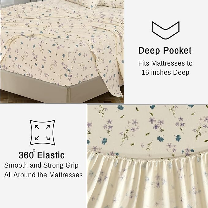 RUVANTI Flannel Sheets Twin XL Size - 100% Cotton Double Brushed Twin XL Sheet Sets, Deep Pockets 16 Inches, All Seasons Breathable & Extra Soft Bed Sheets, Warm & Cozy, 3 Piece, Jasmine Stamp Cream