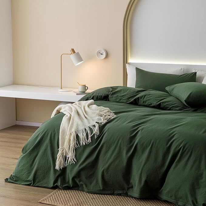 JIYUAN 100% Washed Cotton Duvet Cover Set 2 Pieces Twin, 1 Duvet Cover 68x90 Inches(Comforter Not Included) and 1 Pillowcases,Linen Feel Bedding Set Comfy and Breathable,Forest Green