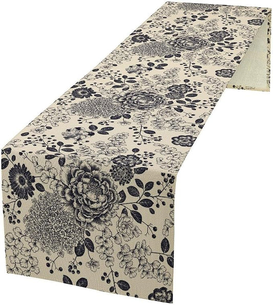 Boho Floral Table Runner, Vintage Rose Peonies Hydrangea Flower Botanical Aesthetic Gothic Beige Black Garden Table Runner for Indoor Outdoor Home Party Holiday Decor, 13x120inch