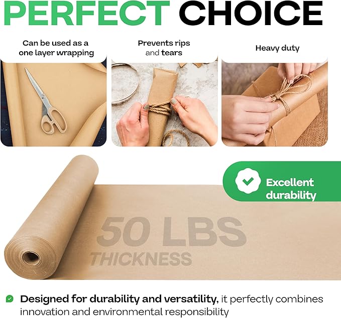 Brown Paper Roll 36" x 1800" (150 feet), Pack of 4 - USA-Made Wrapping Kraft Paper 50lb Thickness for Packing, Moving, Shipping, Crafts/Arts - 100% Recycled Natural Material by IDL Packaging