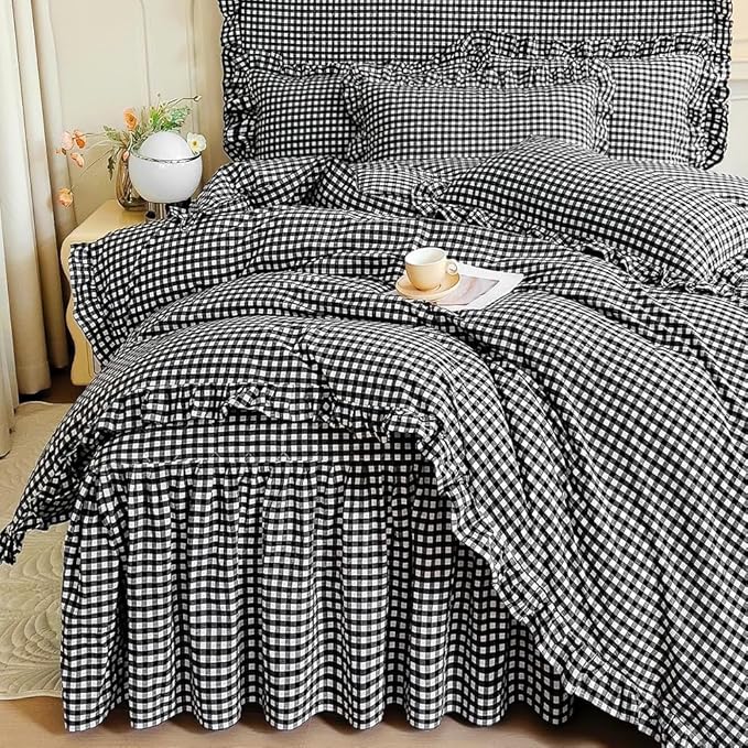 LifeTB Black Gingham Comforter Set King Ruffle Checkered Plaid Comforter Set 3 Pieces Boho Grid Bed Comforter with 2 Pillowcases Fluffy Soft Vintage Checkered Lightweight Gingham Bedding Set King