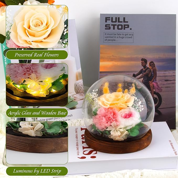 Yellow Rose Gifts for Womens Mothers Day Gifts for Mom Wife Girlfriend Mom - Preserved Real Rose in Glass Dome with LED Strip, Forever Flowers for Delivery on Birthday Anniversary