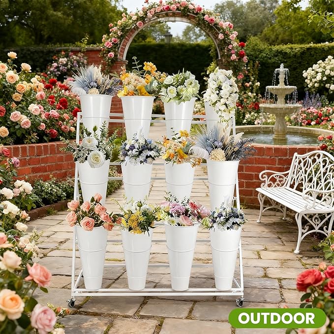 Flower Display Stand 3 Layers with 12 PCS Round Buckets, Plant Stand with Wheels, Movable Metal Plant Stand for Terrace Garden, Florist Shop, Wedding, Party, Easy to Install (White)