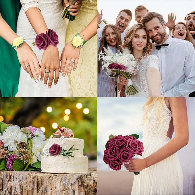 JOYLEX Artificial Flowers Realistic Roses, 50pcs Real Looking Fake Roses with Stem for DIY Wedding Bouquets Centerpieces Bridal Shower Party Home Romantic Decorations (Wine Red)
