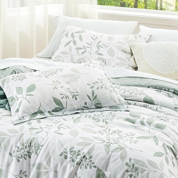 Bedsure Comforter Set King Size - Cute Floral Bedding Comforter Set, 3 Pieces, 1 Soft Reversible Sage Green Botanical Flowers Comforter and Pillow Shams