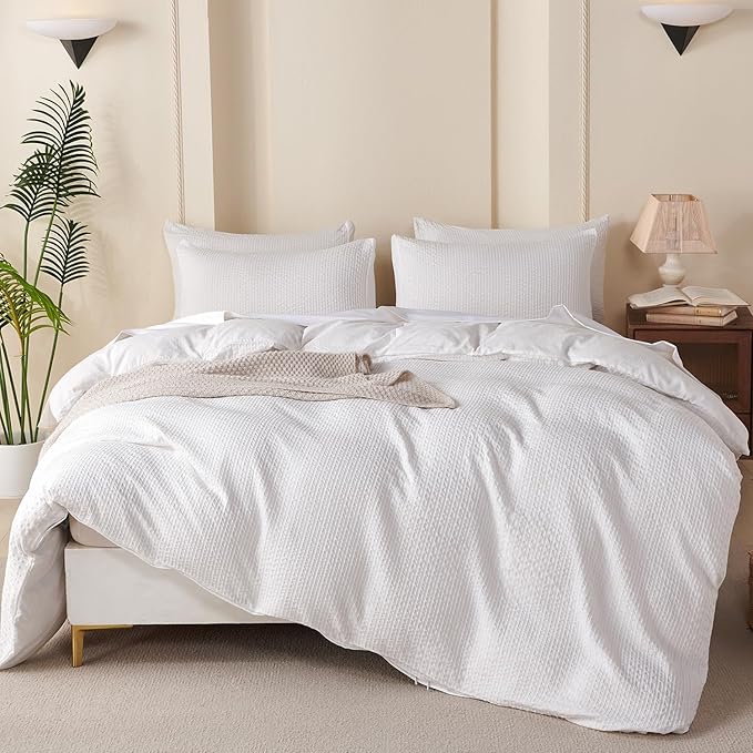 Duvet Cover King Striped White Soft Luxury Washed Jacquard Microfiber Stripes Pattern 3 Pieces Bedding Set for All-Season with Zipper Closure, Lightweight Comfort Breathable