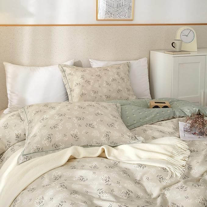 VM VOUGEMARKET Garden Flower Duvet Cover Set Queen Cotton Aesthetic Bedding Set Reversible Duvet Cover with 2 Pillow Shams,Blooming Comforter Cover for Girls