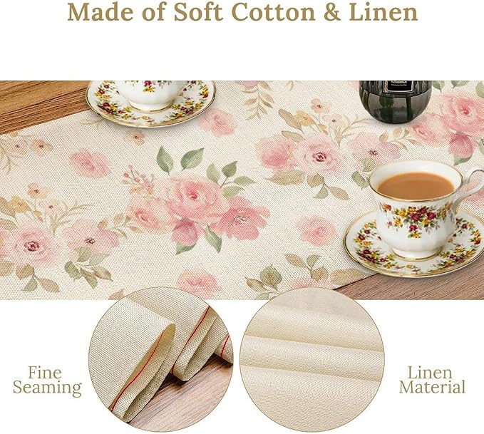 Vintage Rose Table Runner, Watercolor Romantic Pink Floral Blossoms Table Runner for Kitchen Dining Holiday Party Home Decor, 13x36 Inch