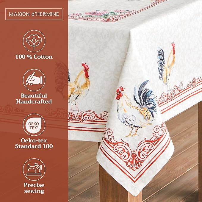 Maison d' Hermine Table Cloth Rectangle Table 100% Cotton 60 x 108 Inches Tablecloth Reusable Decorative Everyday Use for Dining Room, Farmhouse, Home Party, Festive & Wedding Spring Summer - Campagne