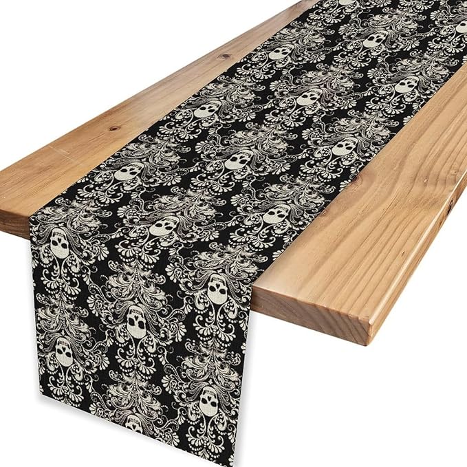 Gothic Table Runner, Black Damask Skull Boho Vintage Art Print Linen Table Center Decor Family Kitchen Outdoor Farmhouse Holiday Party Table Decorations 13x36 inch