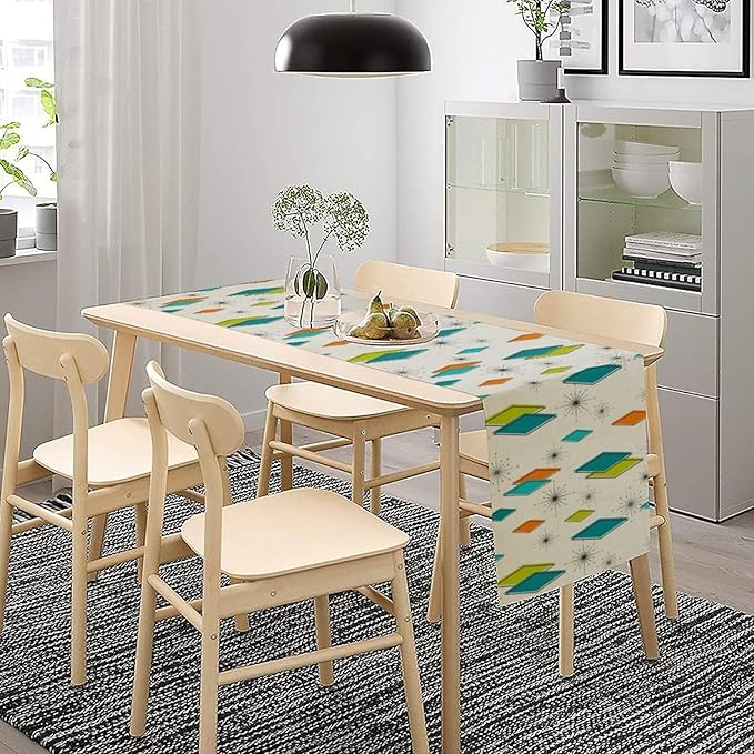 Mid Century Table Runner, Modern Atomic Pattern Absctract Geometric Retro Dinner Runner for Home Kitchen Dining Table Decoration, 13x70 Inch