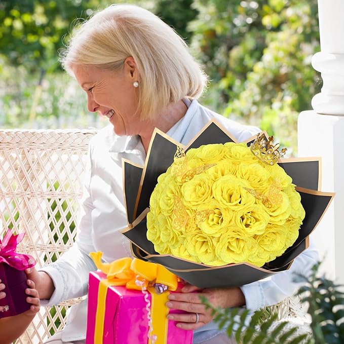 Waipfaru Glitter Roses Bouquet, DIY Yellow Fake Flowers Bouquet, Birthday Gifts for Women Mom, 24 Pcs Rose for Grandma Wife Girlfriend Valentines, Mothers Day, Anniversary, Graduation