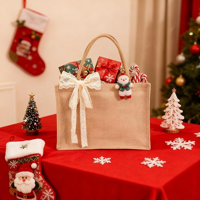 12pcs Burlap Tote Bag Set with Handles, Waterproof Reusable Blank Water Resistant Grocery Bags with Ribbon Large Jute Tote 15.35*6*12 Inch for Women Bridesmaid Gift Beach Shopping Wedding Travel DIY