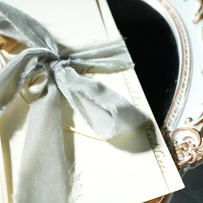 Silver Velvet Ribbon 1.5 inch Silver Frayed Velvet Raw Edge Ribbon for Christmas Wreaths, Tree Decoration, Flower Bouquet, Gift Wrapping, Bows Making -3 Yards