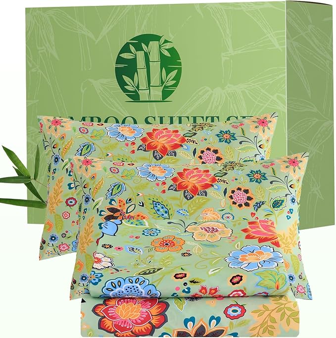 Bedlifes Extra Deep Pocket 18-24" King 4-Piece Sheet Set - Cooling Sheets Blend Rayon Derived from Bamboo Soft & Breathable Floral Sage Green