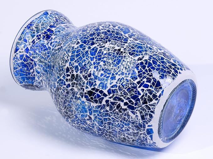 8" H Blue Mosaic Vase.Exquisite Craftsmanship.Decor Home Modern Midsize All Handmade Mosaic Vases .Beautiful Hand-Set Cracked Glass Vase for Home&Office Decor.Unique Gift