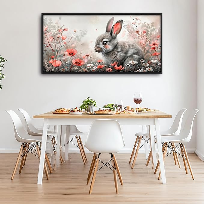 Framed Large Pictures Wall Art for Living Room, Rabbit Bunny Oversized Wall Decor Animal Floral Canvas Print Painting Modern Extra Large Framed Artwork for Bedroom Office 60"x30"
