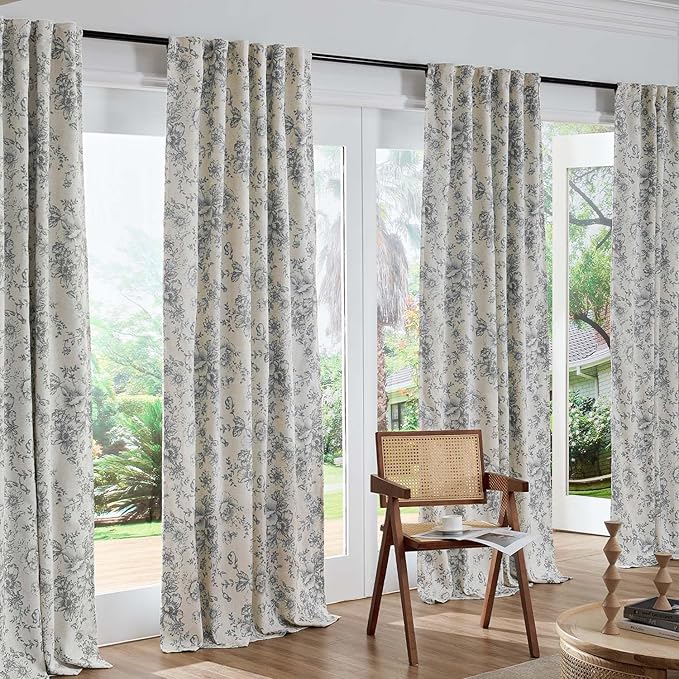 jinchan Blackout Linen Blend Curtain Gray Floral Blackout Curtains for Living Room 90 Inch Length Grey Printed with Lined Blackout Curtain for Bedroom Farmhouse Curtains Set 2 Panels