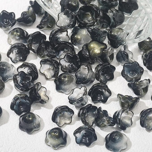 LadayPoa 100pcs Glass Bellflower Beads for Jewelry Making Trumpet Flower Beads Gradient Clear Cute Beads for Bracelets Making Aesthetic Bead Charms for DIY Necklace Decoration-Black Gold