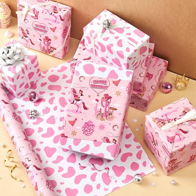 WERNNSAI Pink Cowgirl Wrapping Paper Roll - 1 Roll 17”x 16.4ft Western Gift Wrapping Paper Wild West Girl Gift Packing Favor for Kids Girls Birthday Party Reversible Cow Pattern Design