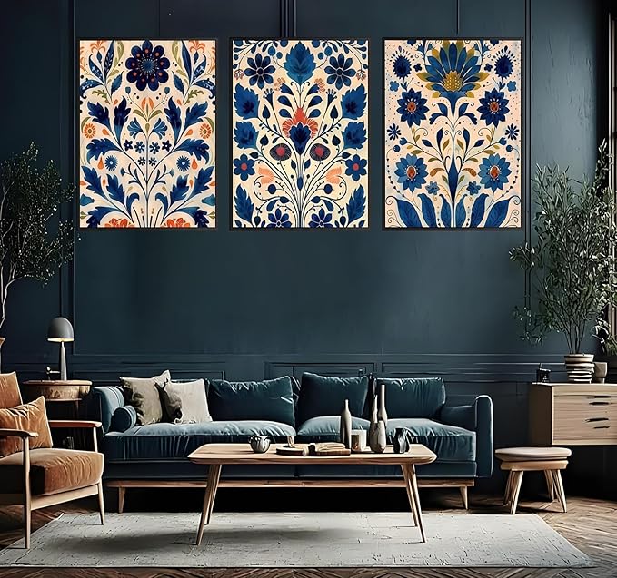 3 Pcs Blue Boho Flower Canvas Wall Art, Floral Painting Poster Wall Decor,Wildflower Botanical Picture for Wall Living Room Bathroom Bedroom Home Decoration 12 * 16 in (Poster no Framed)