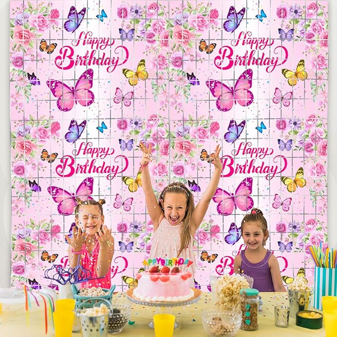 2 Pack Butterfly Foil Fringe Curtains 3.28 x 6.56Ft Butterfly Tinsel Curtain Streamers Backdrop Pink Floral Photo Booth Backdrop Butterflies Birthday Baby Shower Party Decorations for Kids Girls