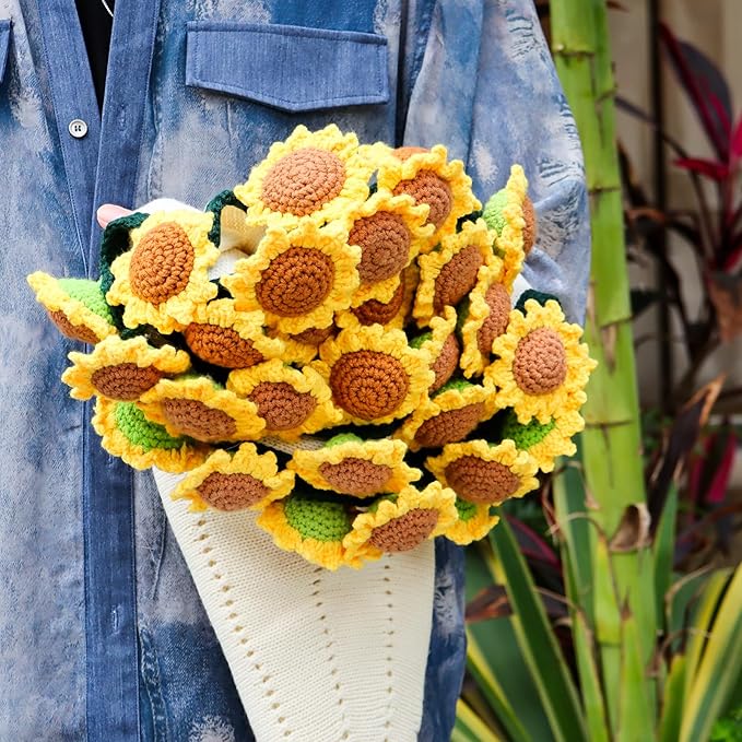 Sunflower Gifts for Women-Teacher Appreciation Gifts-Sunshine Teacher Friend Mom Sister Grandma Birthday Retirement Gifts,Thank you,Get well, Sunflower Crochet Flower Bouquet Blanket 31 Inches