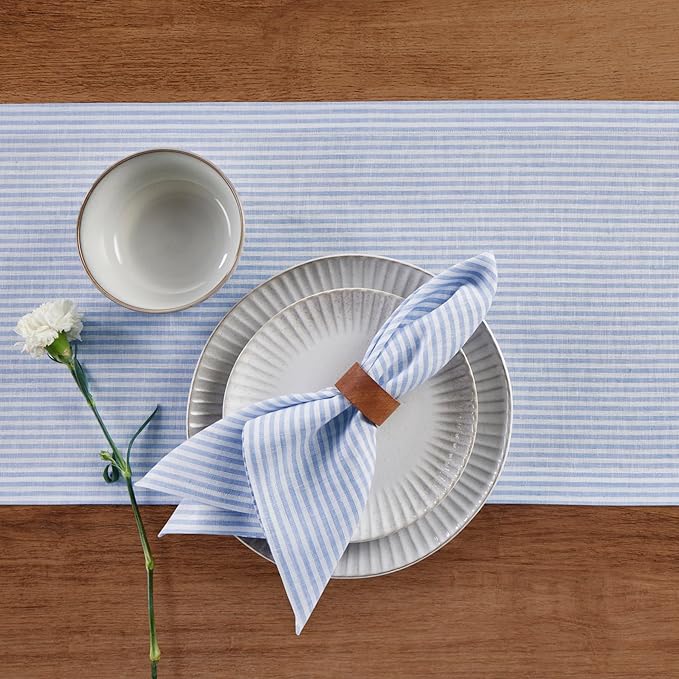 Solino Home Linen Table Runner 132 Inches Long - Narrow Stripe, 100% Pure Linen Cornflower Blue and White Farmhouse Table Runner 14 x 132 Inch for Dining, Winter, Spring, Easter