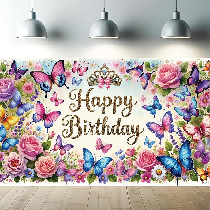 Happy Birthday Backdrop Butterfly Floral Banner Crown Decorations Photography Background for Women Girls Princess Supplies Cake Table Photo Shoot Props 71 x 43 Inch