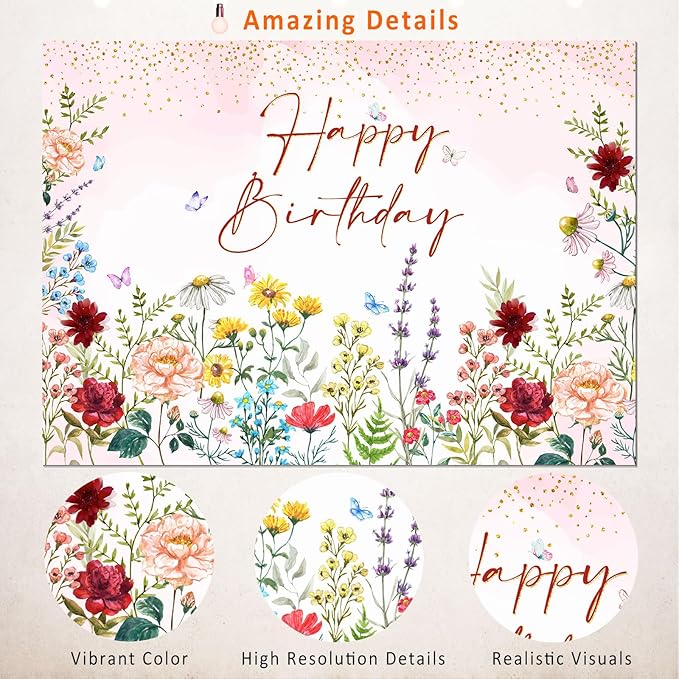 Wildflower Happy Birthday Backdrop Banner Girls Floral Birthday Decorations,Spring Watercolor Wild Flower Bday Background Women Girls Wildflower Themed 1st Birthday Party Decor Photo Booth Props 7x5ft