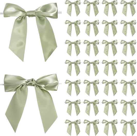 Sage Green Satin Ribbon Twist Tie Bows 5 Inch Pre-Tied Dusty Sage Gift Bows for Crafts, Treat Bags, Party Favors, Wedding, Baby Shower, Candy Apple, Christmas (36 Pack)