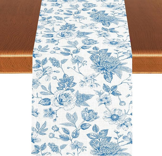 Blue Floral Table Runner, Spring Summer Sketch Wildflower Vintage Country Farmhouse Coffee Table Center Decor for Home Kitchen Dining Patio Holiday Party Table Decorations 13x36 inches