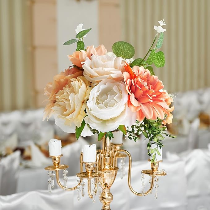 Artificial Flowers Combo Box, Fake Roses Dahlias Silk Flower with Wire Stem, DIY Wedding Bridal Bouquet Baby Shower Party Arrangement Home Décor (Light Orange)