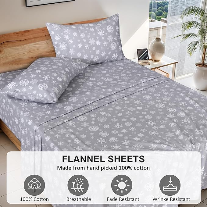 RUVANTI Flannel Sheets Queen Size - 100% Cotton Double Brushed Bed Sheets, Deep Pockets 16 Inches Queen Sheet Set, All Seasons Breathable & Extra Soft - Warm & Cozy, 4 Piece, Snowflakes