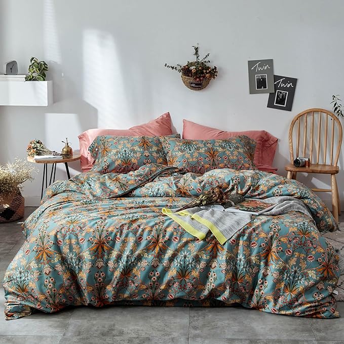 VM VOUGEMARKET Gold Flower Comforter Set Twin XL,Aesthetic Boho Bedding Set Royal Sage Green Floral Comforter with 2 Pillowcases