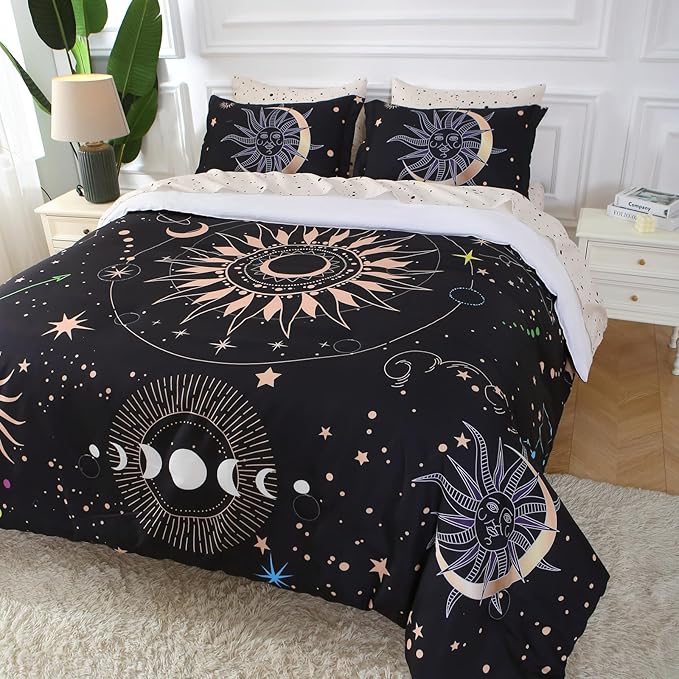 7 Piece Sun and Moon Comforter Set Bed in a Bag King Size - Boho Celestial Constellations Bedding for Girls Women - Black Gold - Lightweight Comforter with Sheets and Pillowcases