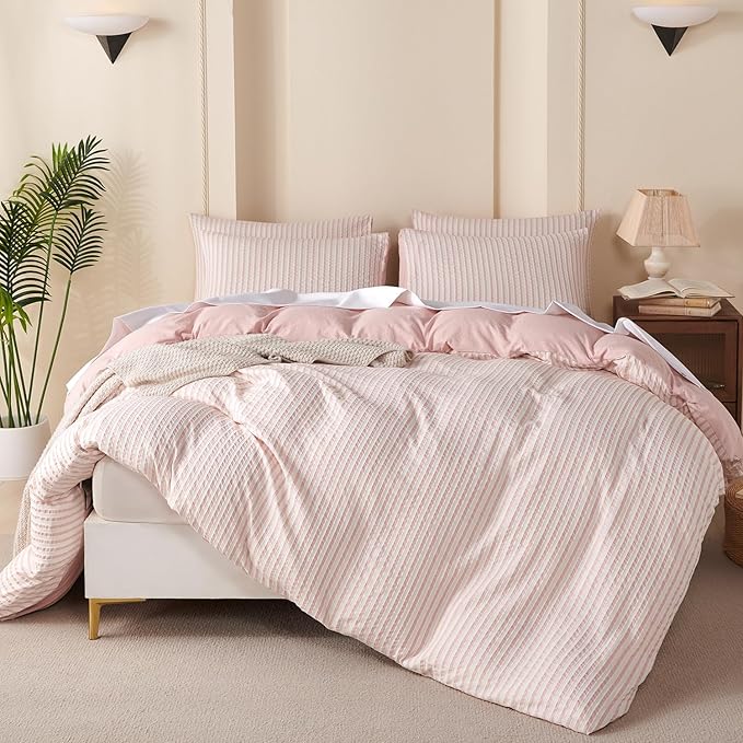 Striped Duvet Cover Set Queen Pink Washed Microfiber Jacquard 3 Pieces Bedding Set, White Pink Vertical Ticking Stripes Pattern Comforter Cover with Zipper Closure Breathable Durable Soft Comfy