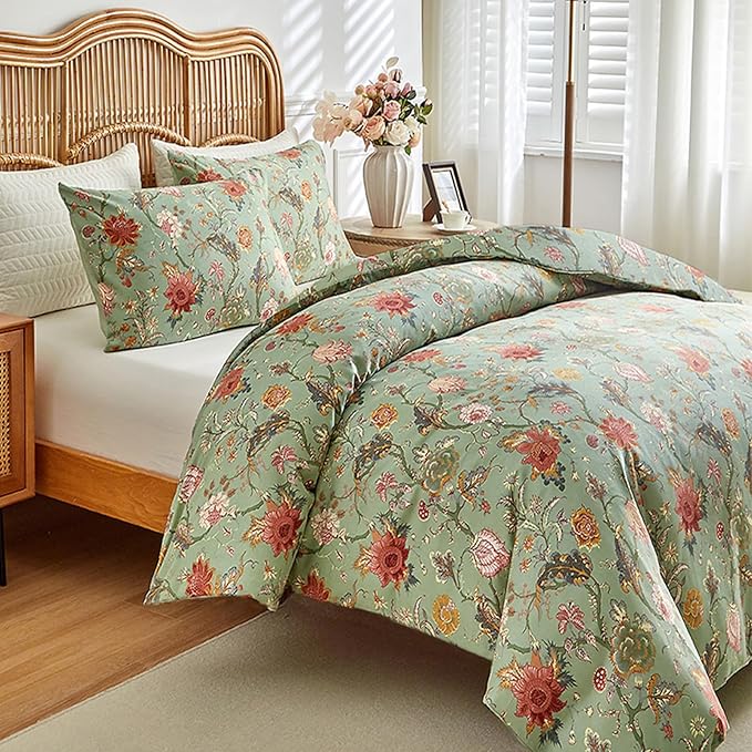HighBuy Paisley Queen Comforter Set Sage Green Botanical Floral Bedding Comforter Set Ultra Soft for All Season Women Girl Boho Chic Comforter Queen with 2 Pillowcases