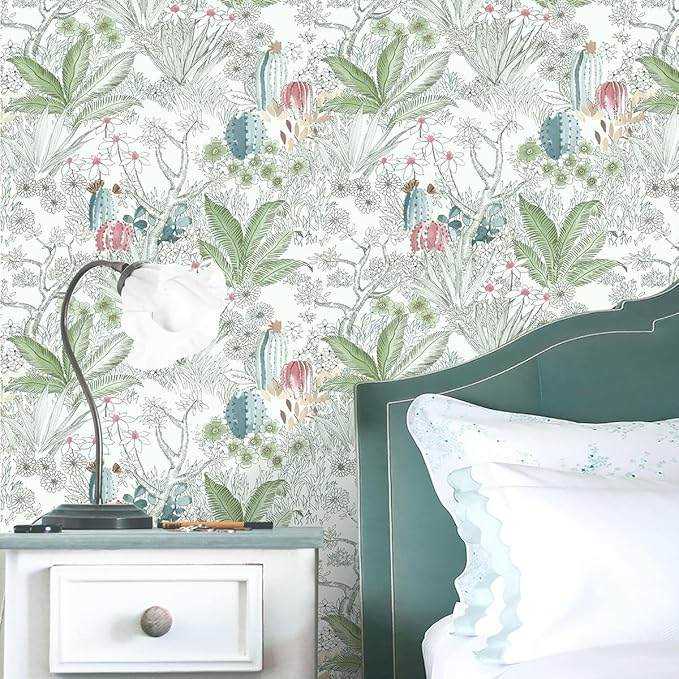 Wudnaye Boho Peel and Stick Wallpaper Catus Wallpaper 17.7" x 590.4"Vintage Floral Wallpapers Peel and Stick Botanical Removable Wall Paper Boho Self Adhesive Contact Paper for Bathroom Cabinets