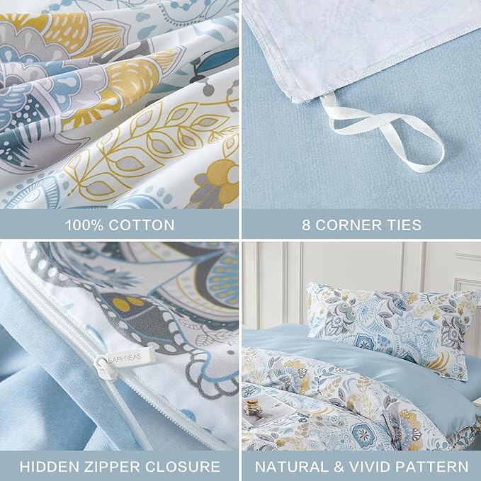 SAPHREAS Blue Floral Duvet Cover Set 2pcs Twin Size Geometric Pattern Botanical Blossom Bedding Comforter Cover Set 100% Cotton 1 Duvet Cover 68"x90" 1 Pillow Sham, Comforter Not Included