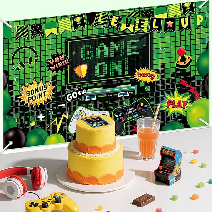 3x5ft Video Game Birthday Backdrop, Happy Birthday Decoration Background, Cute Gamepad Controller Theme Party Supplies Outdoor Indoor Photo Banner