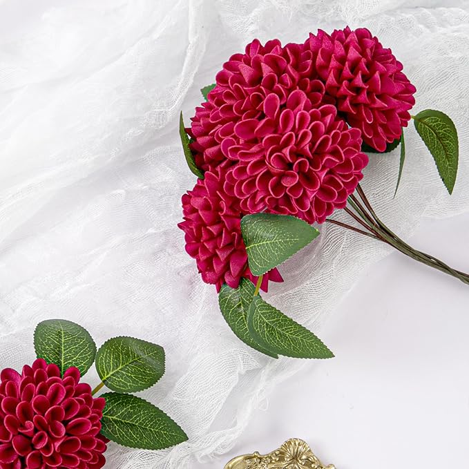 Artificial Flowers, 25pcs Artificial Rose for DIY Wedding Bouquets Centerpieces Arrangements, Hot Pink Dahlia Flowers with Stems for Bridal Shower Party Decoration